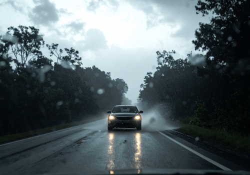 Car driving on a wet road in heavy rain with headlights reflecting on the pavement.