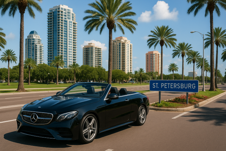 maercedes-benz convertible driving on a road with palm trees