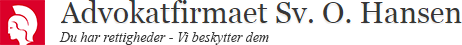 Logo for Advokatfirmaet Sv. O. Hansen med en hvid klassisk profil p&aring; r&oslash;d baggrund med tekst nedenunder.