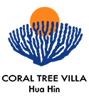 Beachside Resort Logo for Coral Tree Villa, Hua Hin: Blue coral design with an orange sun, and text underneath.