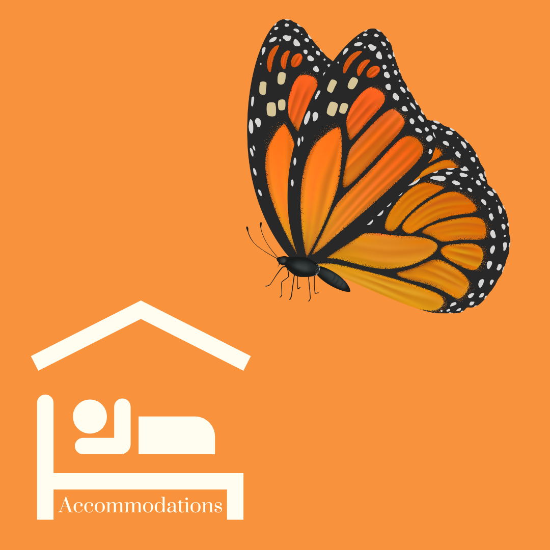 A woman with a flower crown on her head and the words accommodations on the bottom