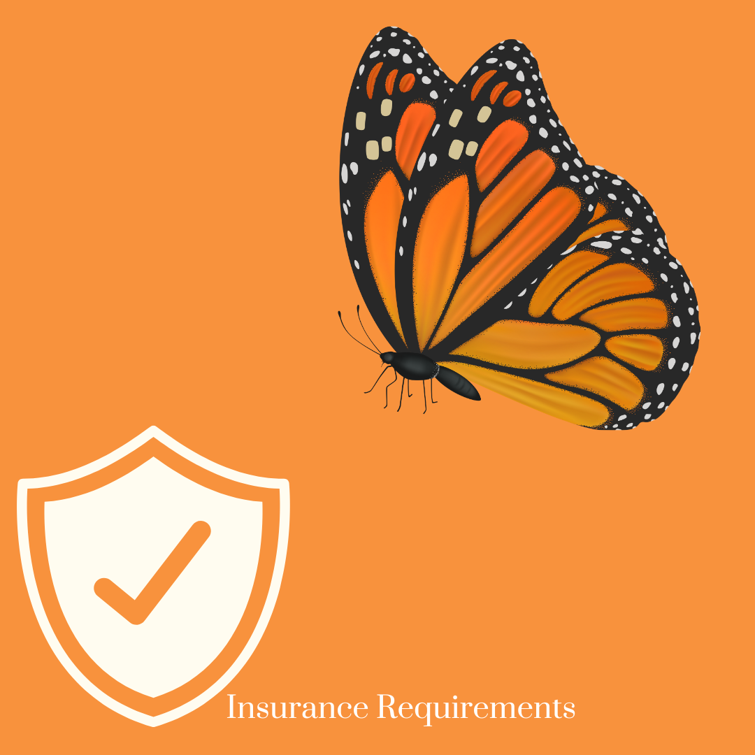 A woman with a flower crown on her head is next to a shield that says insurance requirements