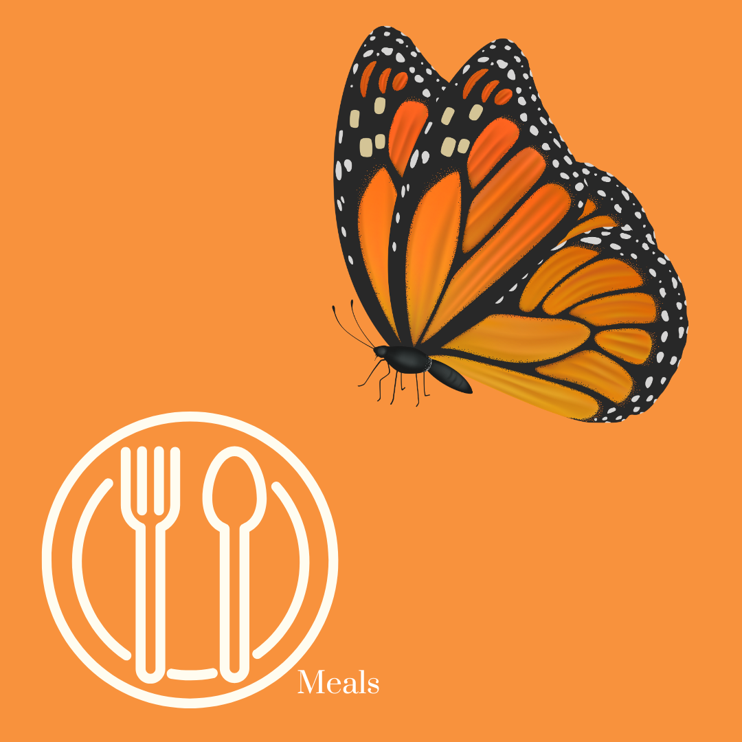 A woman with flowers in her hair has a fork and spoon in a circle