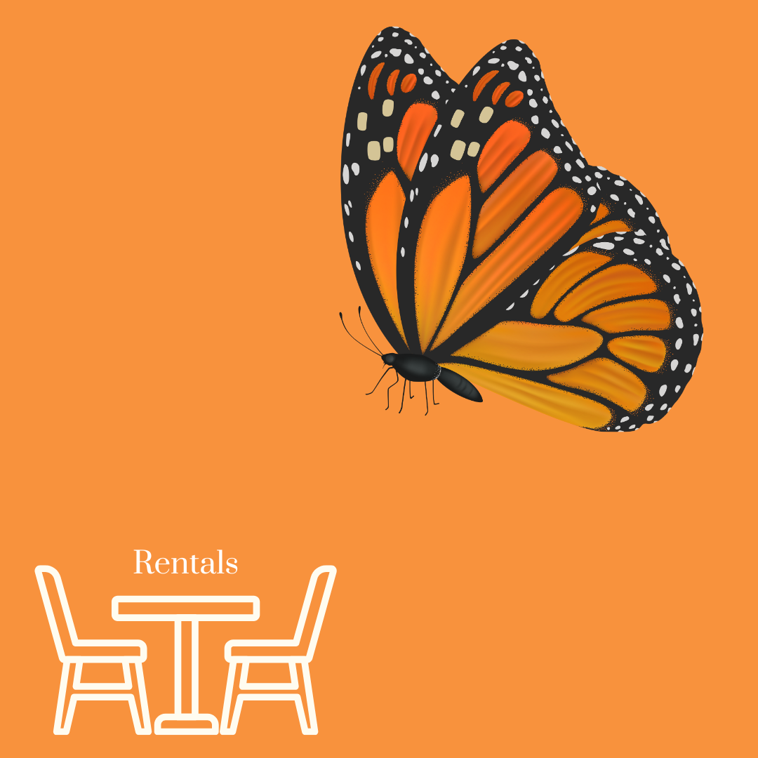 A woman wearing a flower crown and a table and chairs logo