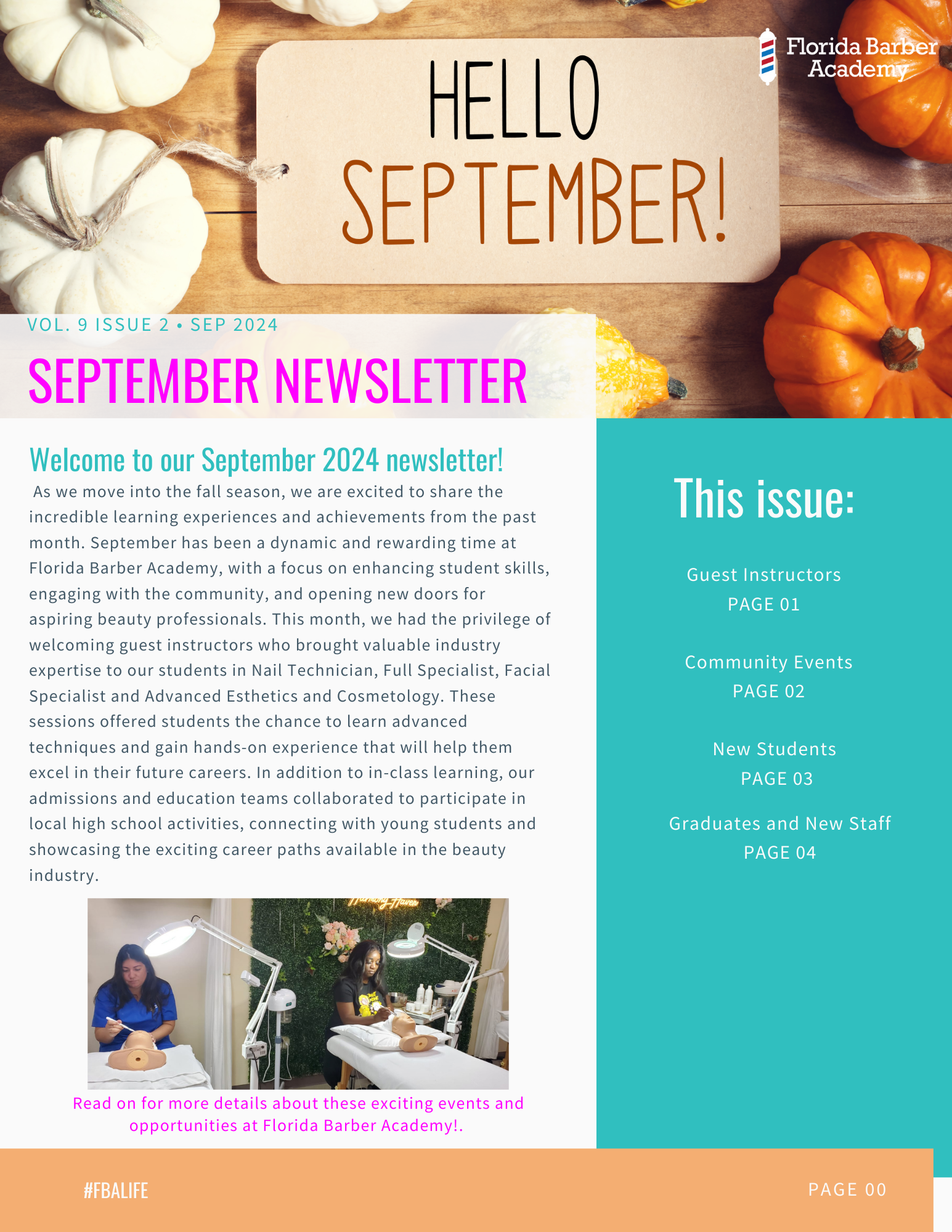 A september newsletter with pumpkins on a wooden table.