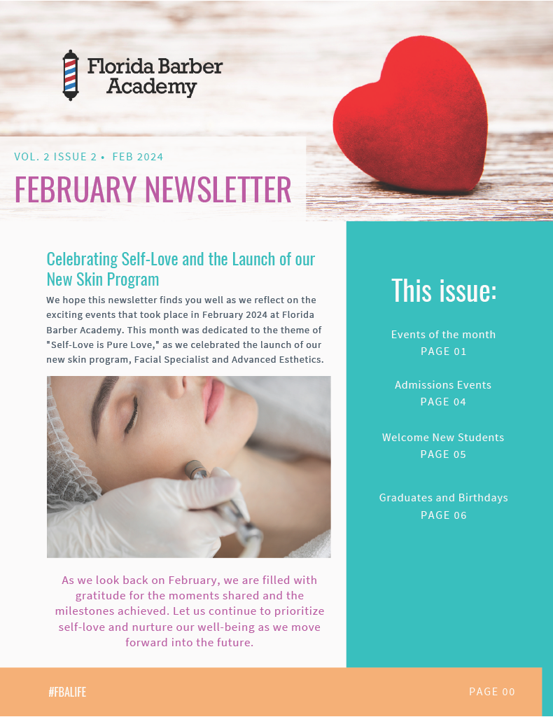 A florida barber academy february newsletter with a picture of a woman getting a treatment and a red heart.
