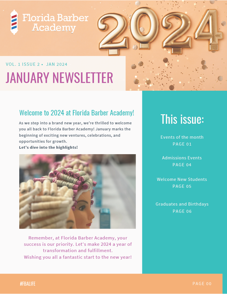 A florida barber academy january newsletter with a picture of a mannequin with curlers in her hair.
