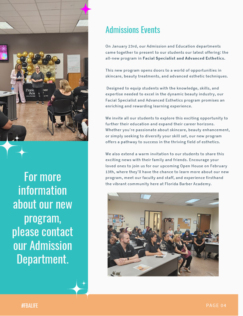 A brochure for admissions events shows a group of people sitting at tables in a classroom.