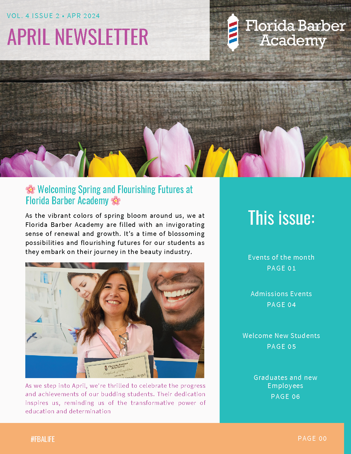 A florida barber academy april newsletter with a picture of a woman and a man smiling.