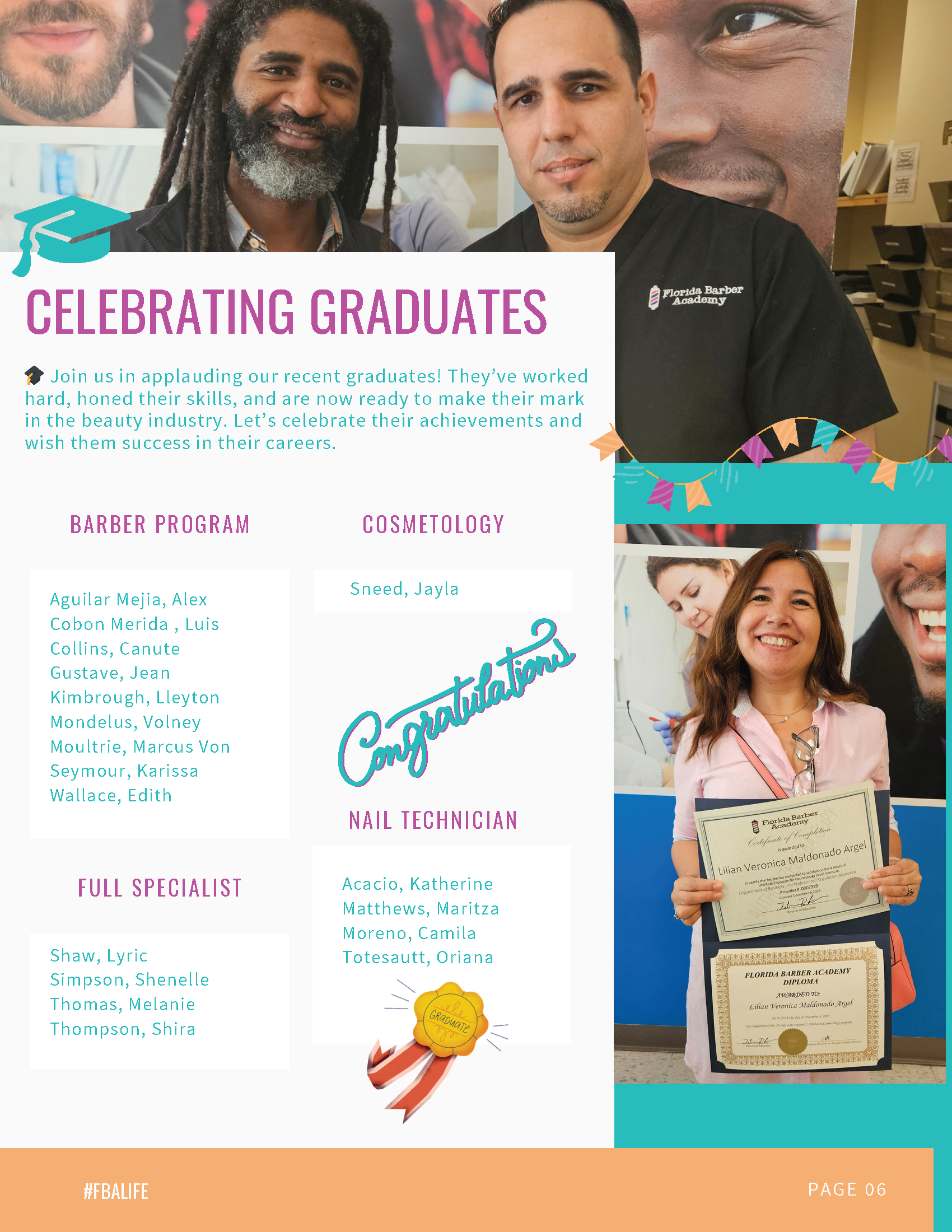 A poster celebrating graduates with two men and a woman holding a certificate.