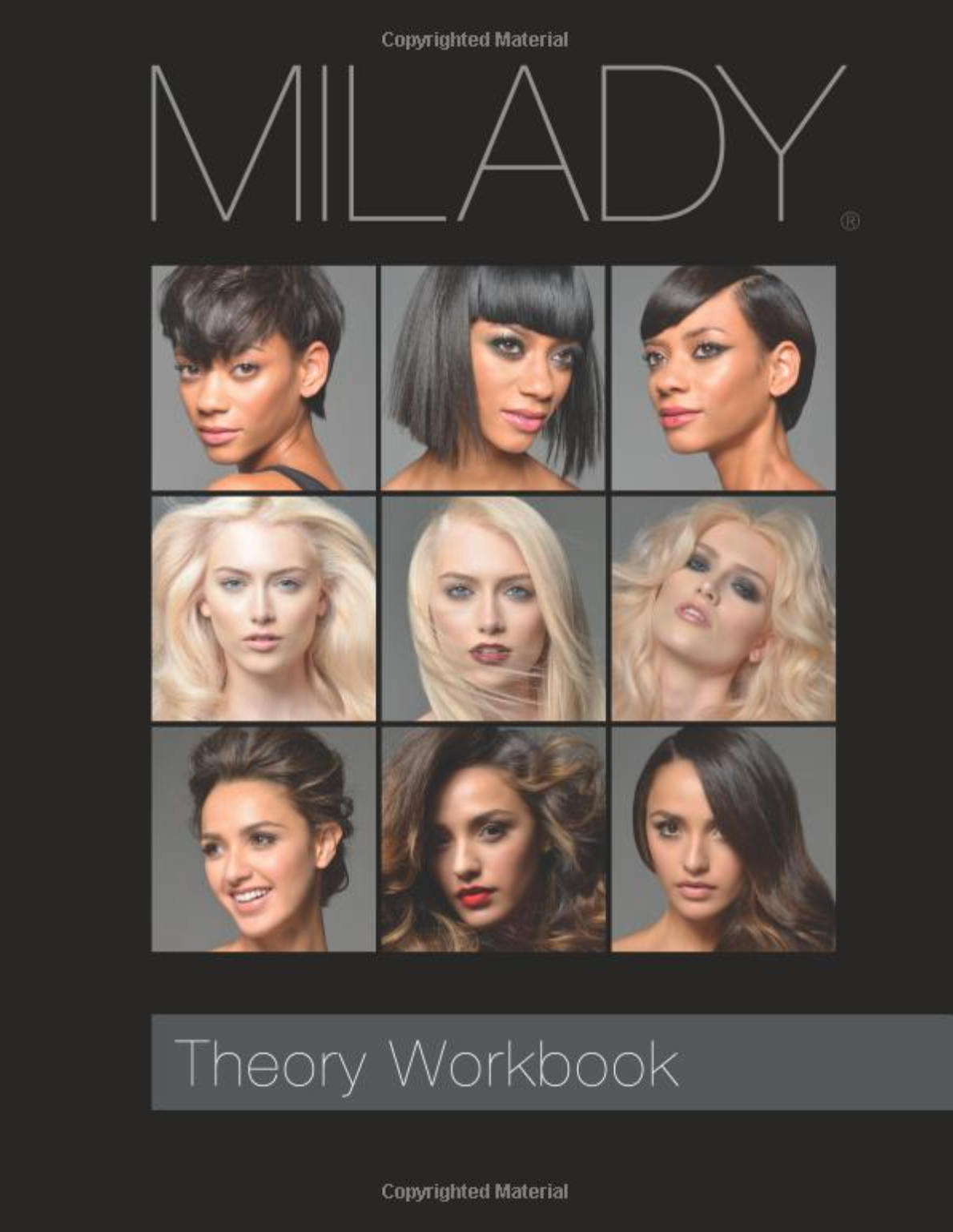 A book called milady theory workbook has a collage of women 's faces on the cover