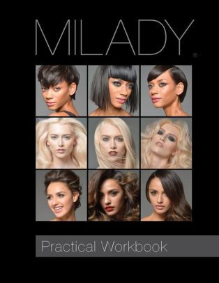 A book called milady practical workbook has a collage of women 's faces on the cover