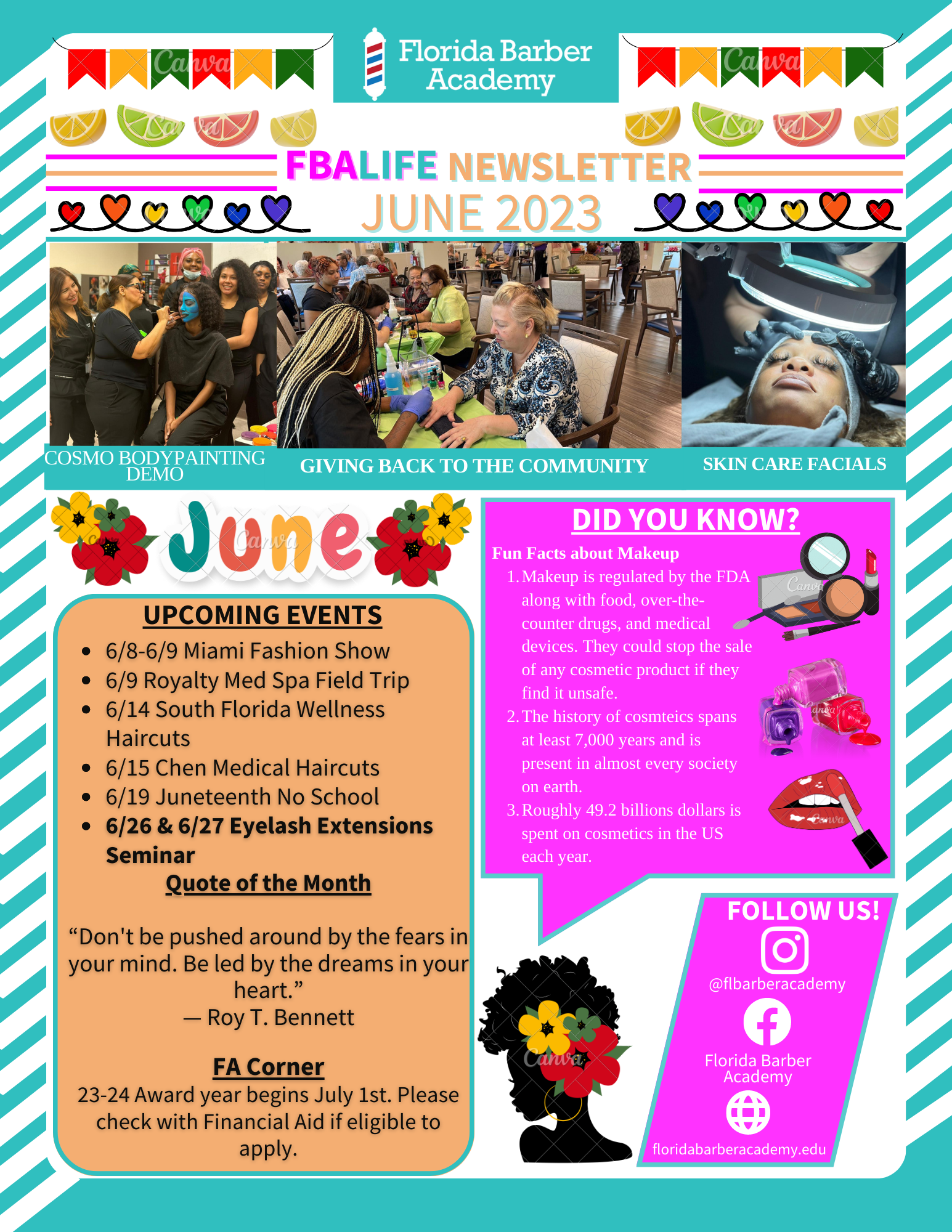 A pink and blue newsletter for june 2023 with a picture of a woman getting her hair done.