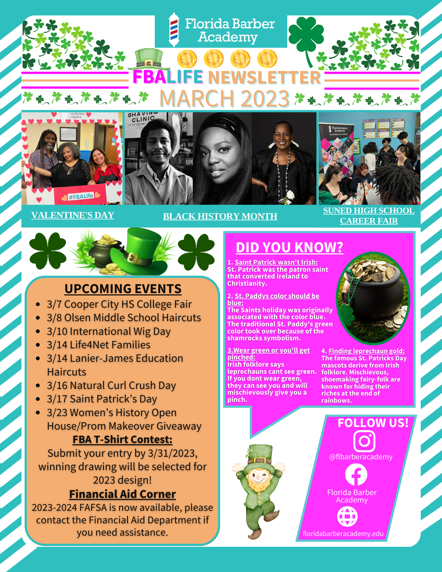 A flyer for a school with a leprechaun and clovers on it.