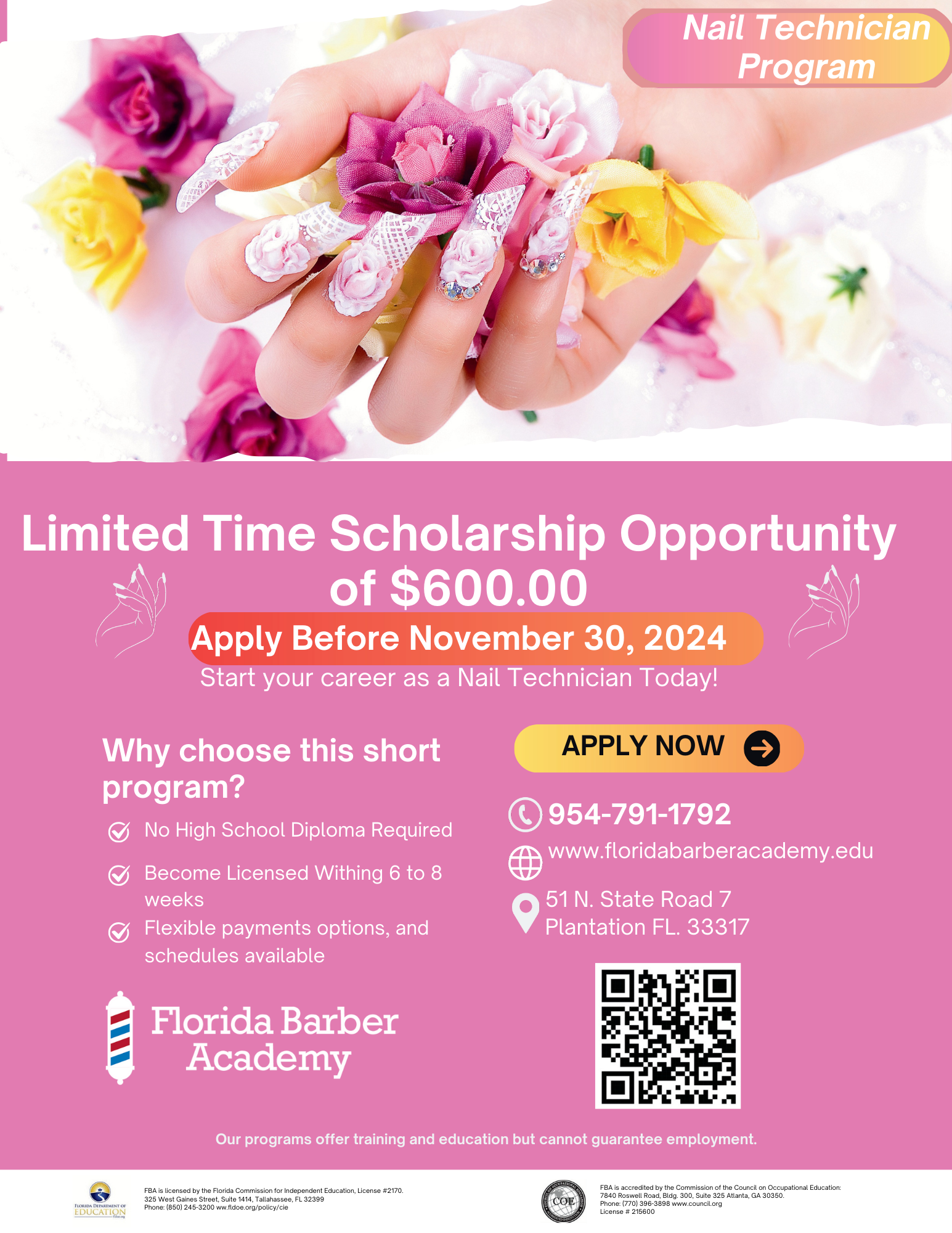 A flyer for a limited-time scholarship opportunity for a nail technician program.