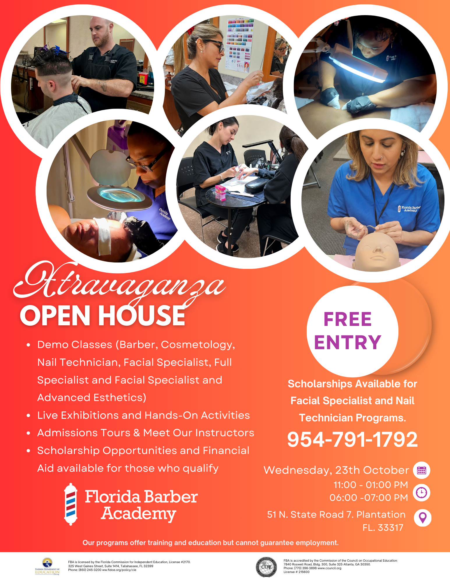 A flyer for an open house at the florida barber academy.