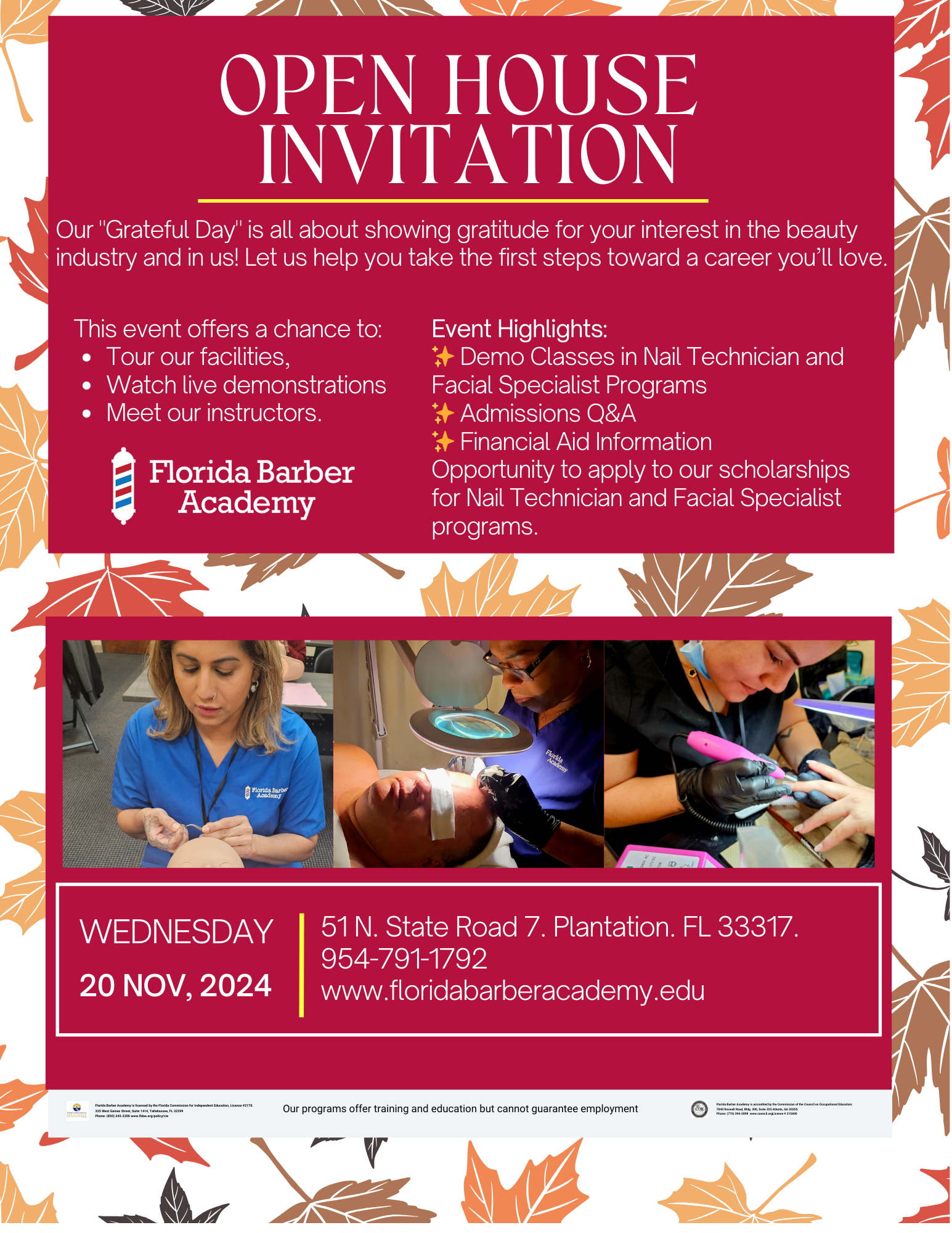 An open house invitation for the florida barber academy