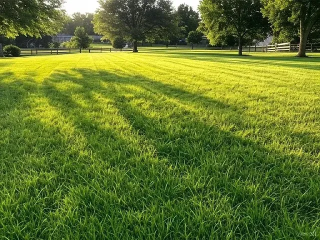A lush green field of grass with trees in the background