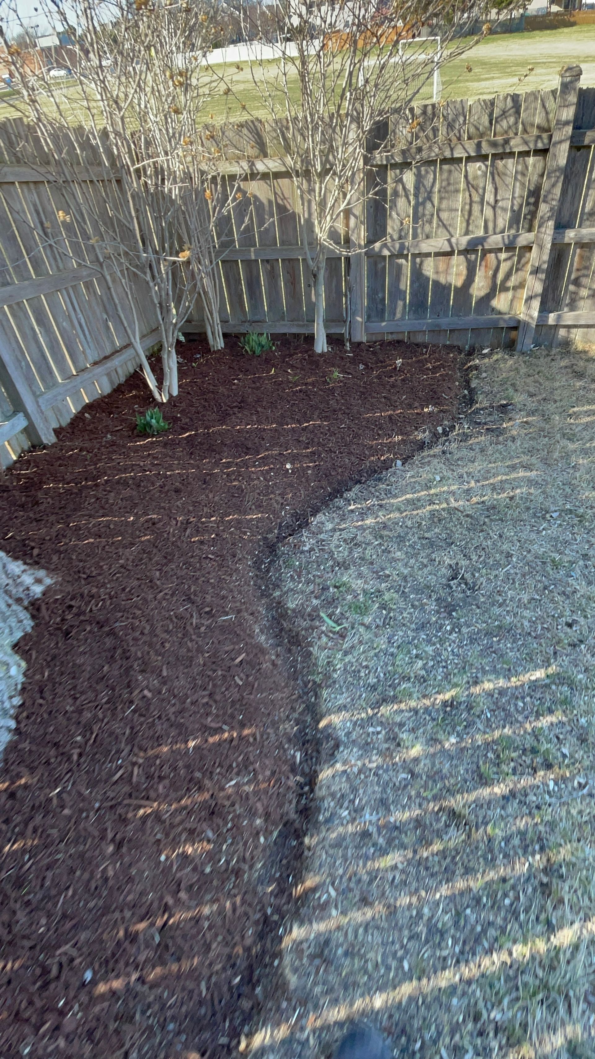 A fence is surrounded by mulch and gravel in a yard.