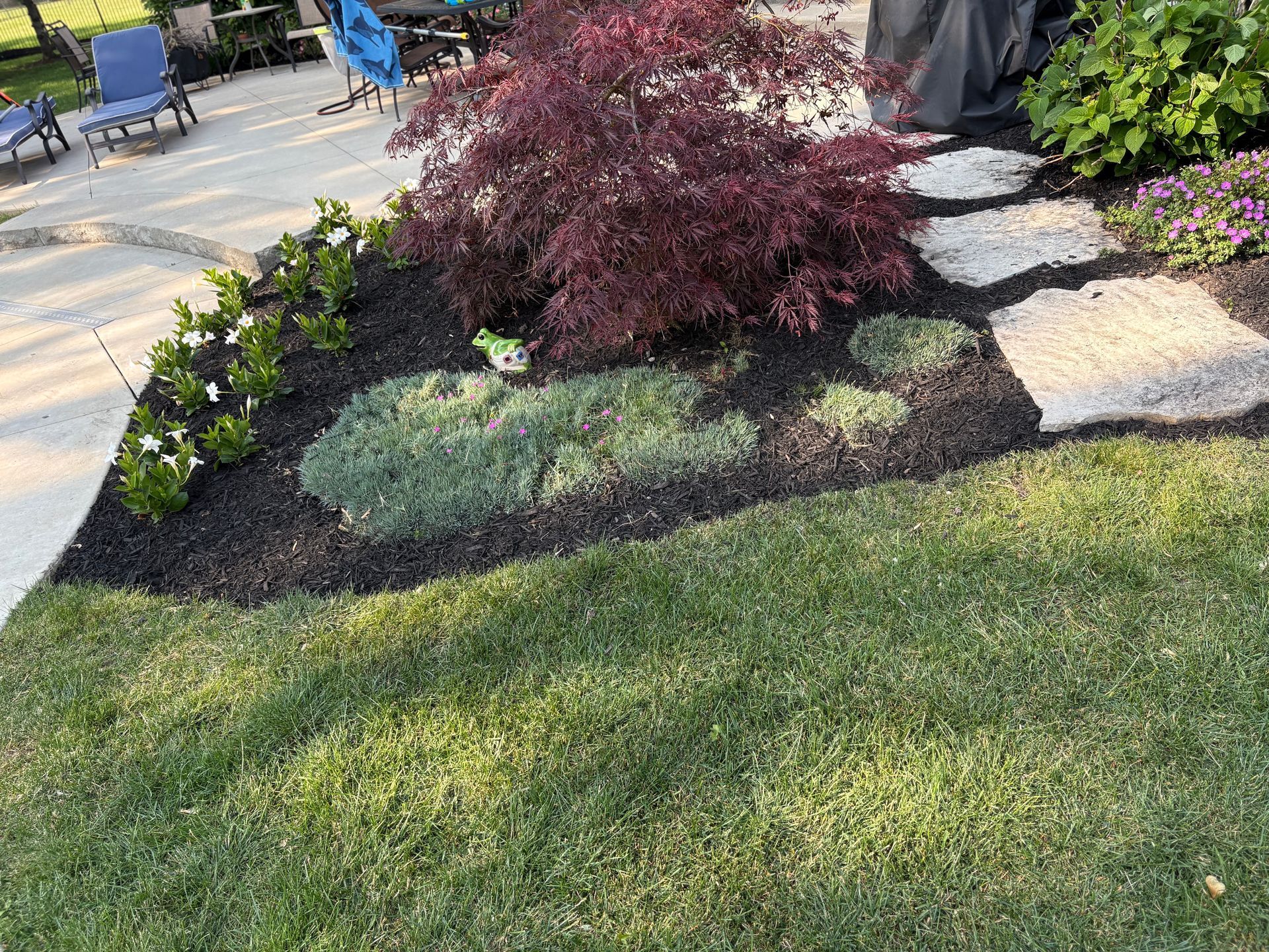 A lush green lawn with a stone walkway leading to a patio.