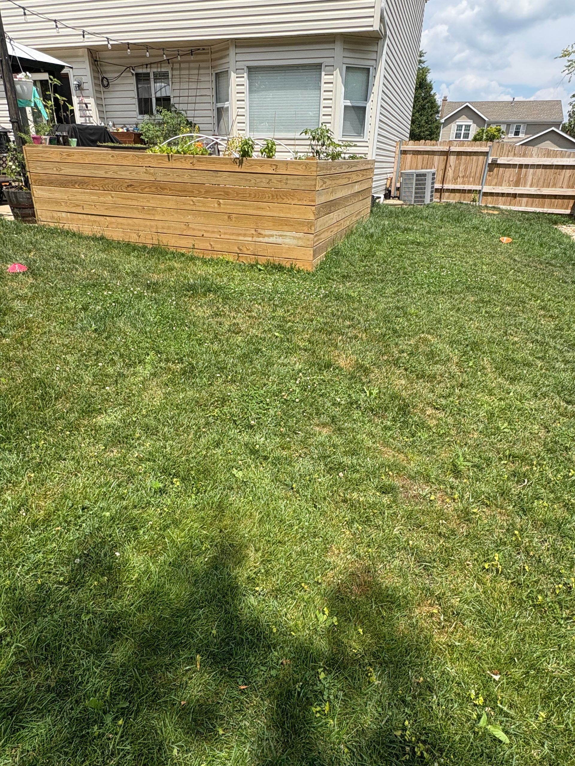 A lush green lawn in front of a house with a wooden fence.