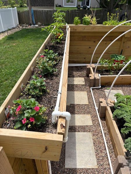 A wooden planter filled with flowers and plants in a backyard.