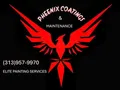 Logo for Phoenix Coatings & Maintenance with a red phoenix design on a black background, phone number and "Elite Painting Services" listed.