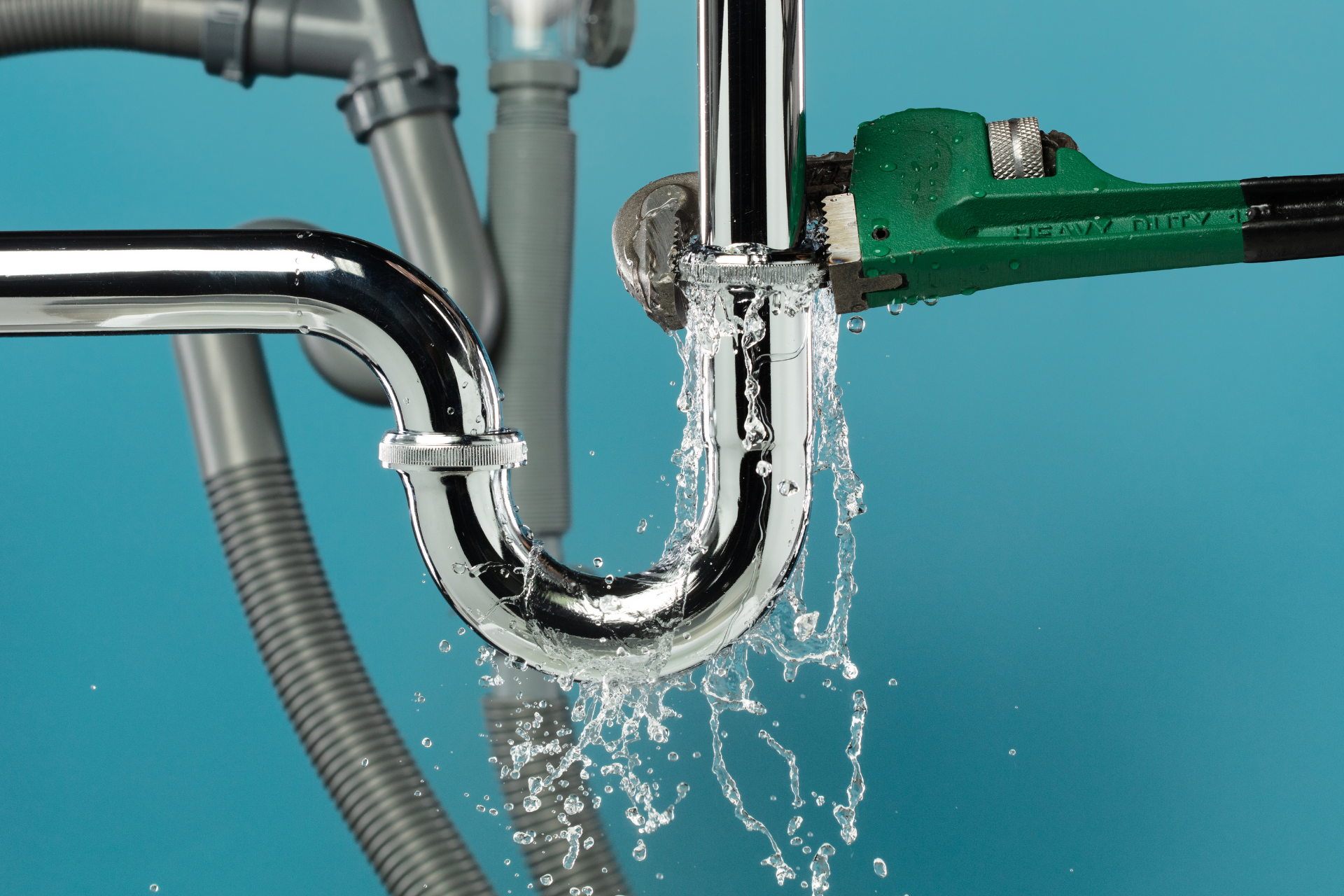 Leaking metal pipe joint with water spraying onto a blue background