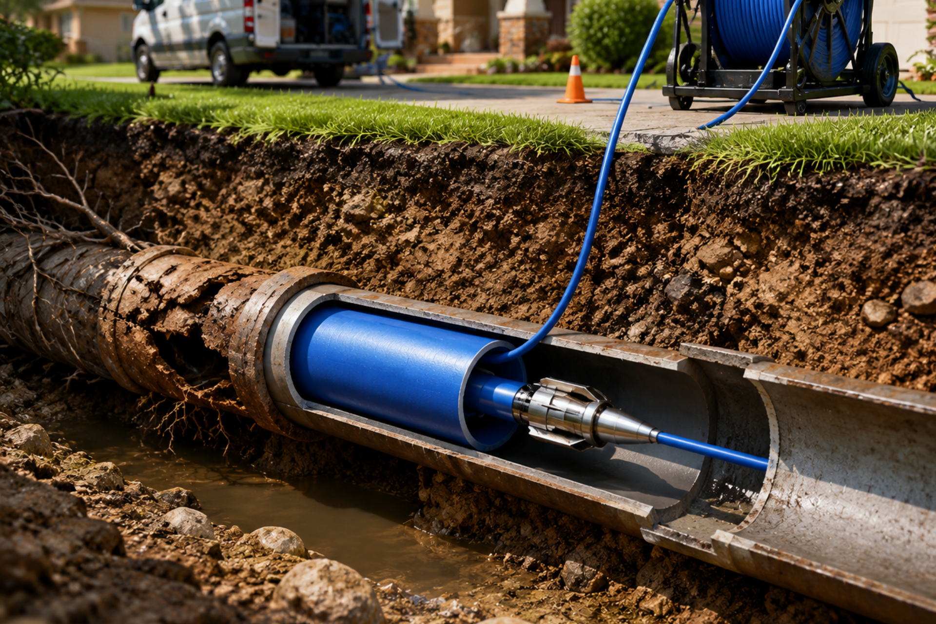 Blue pipe being installed in an underground trench with a hose and equipment nearby