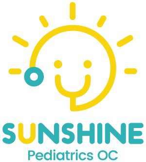 Logo of Sunshine Pediatrics OC, a yellow sun with a smiling face and stethoscope, text in blue and yellow.