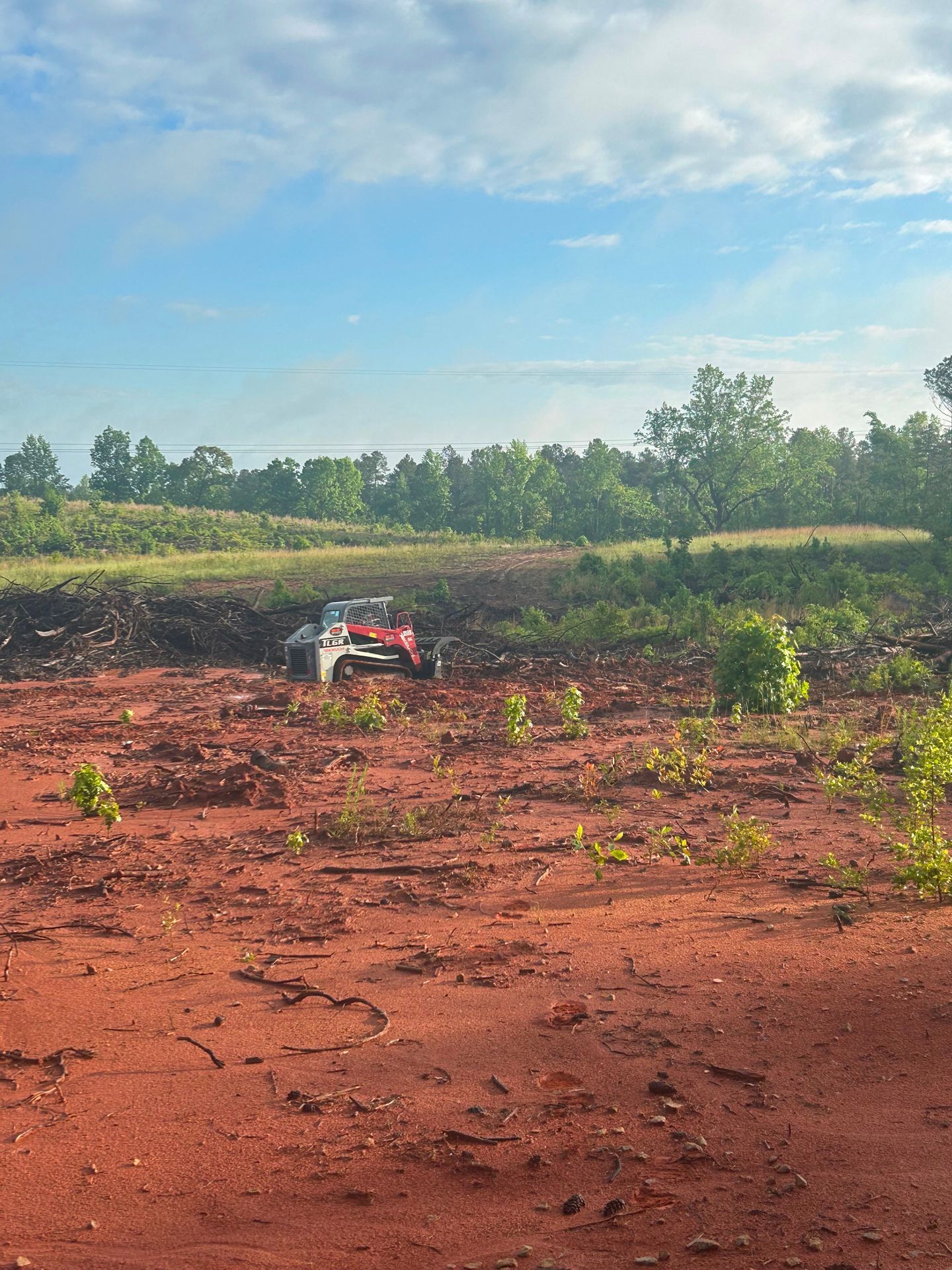ATV on reddish-brown dirt path, with green brush and trees under a blue sky.