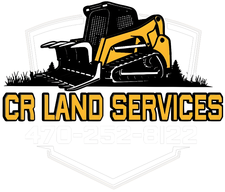 Logo for CR Land Services: yellow and black skid steer over text, with phone number.
