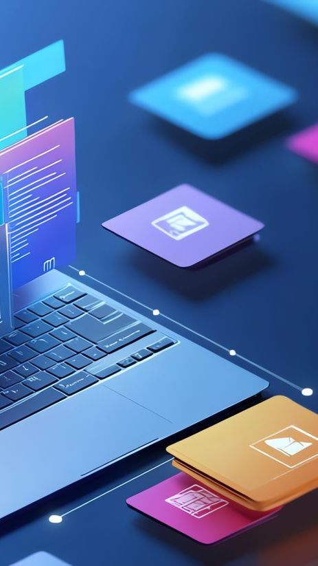 A laptop computer is surrounded by colorful squares and icons.