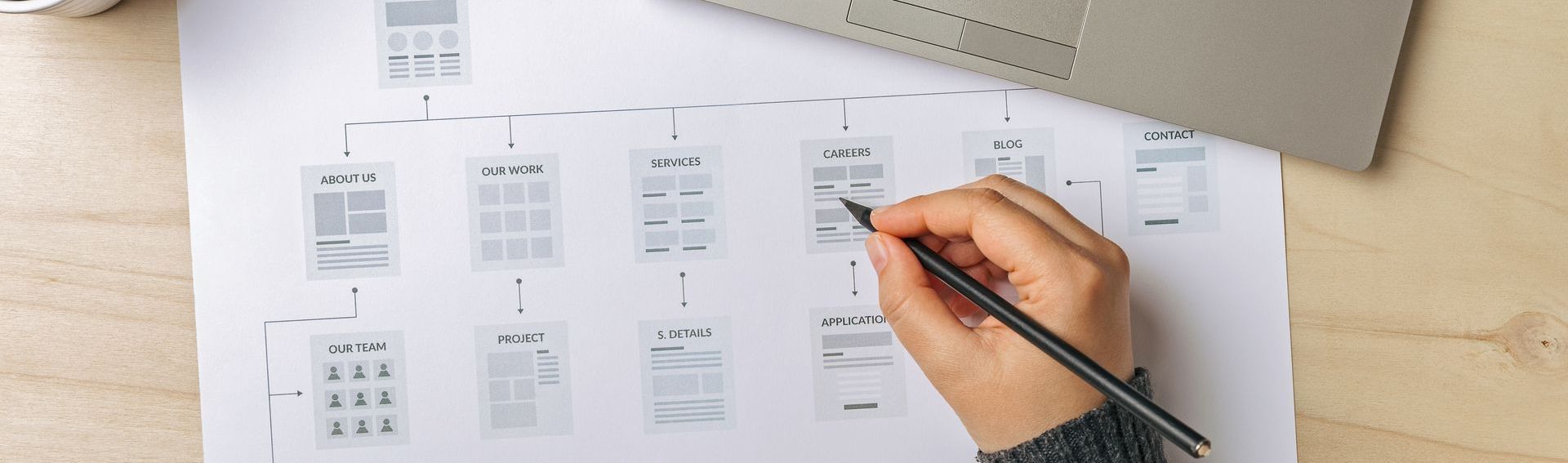 Someone drawing with pencil on website design flow chart