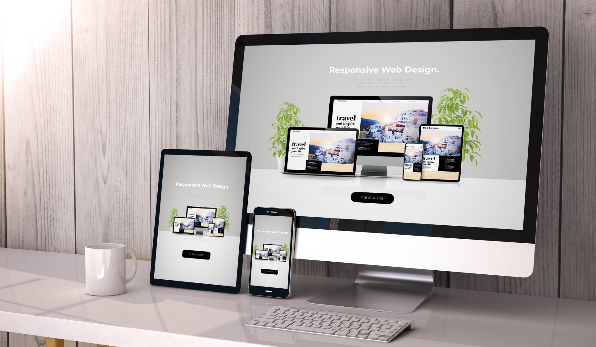 computer, tablet and phone showing image of website design