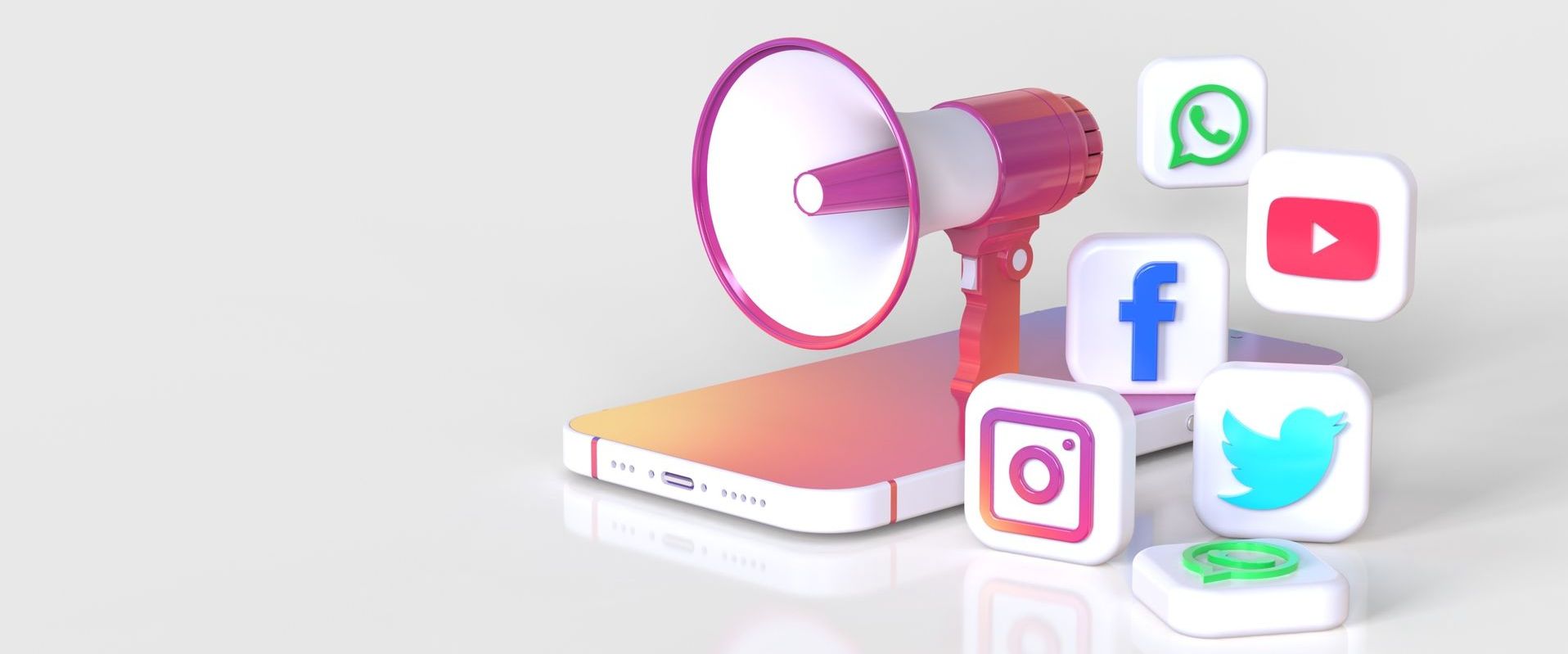 Megaphone with social media icons and phone