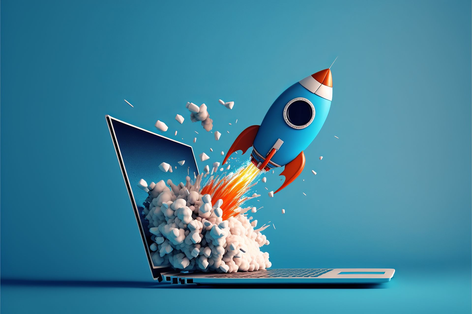 Image of rocket bursting out of laptop