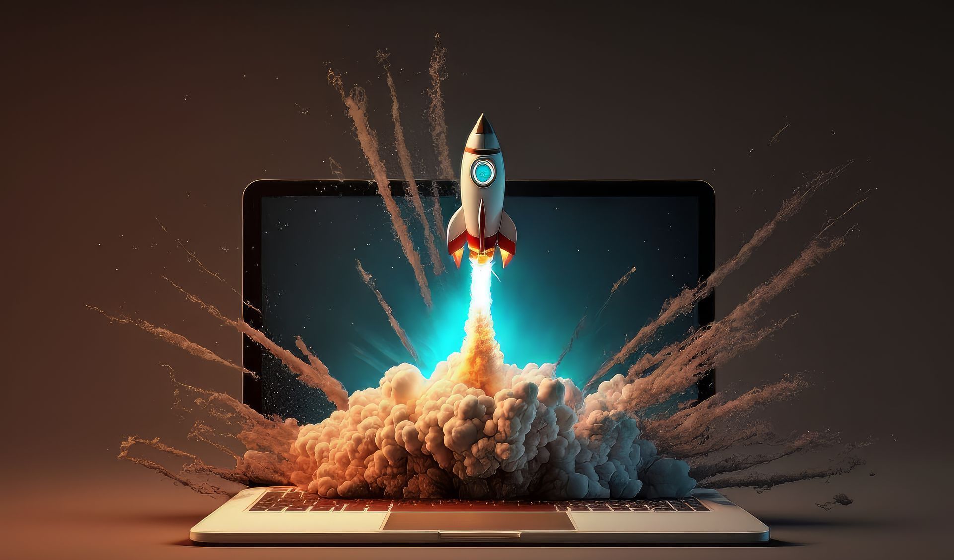 laptop with rocket shown taking off with cloud of smoke