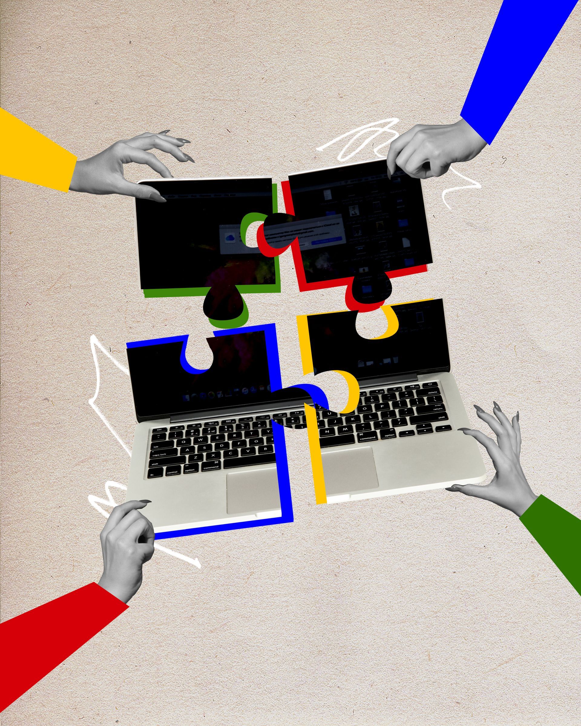 Cartoon image of people putting computers together like jigsaws