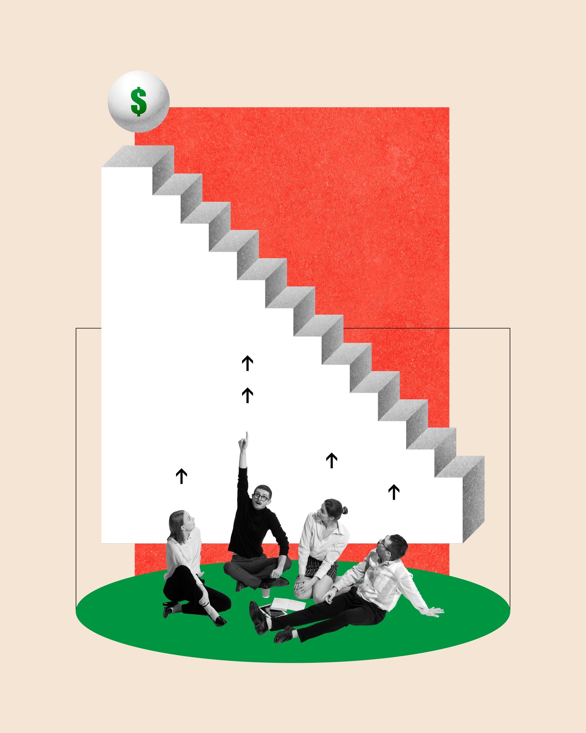 Stairs with ball of money at the top and people talking at the bottom