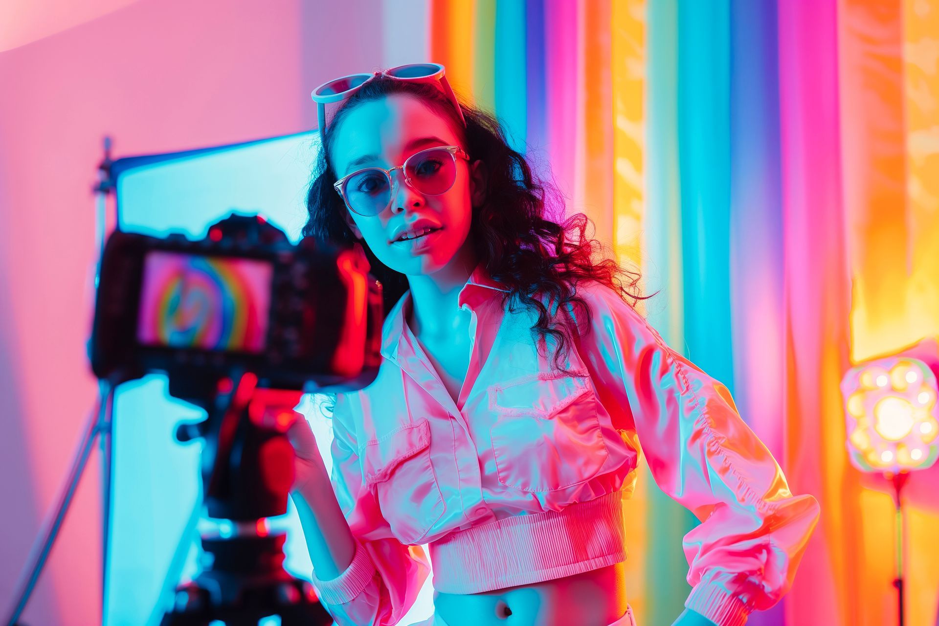 A woman is recording a video with a camera in front of a colorful background.