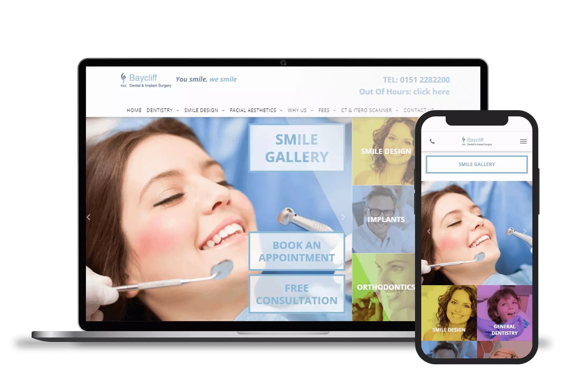a laptop and a cell phone are displaying a dental website .