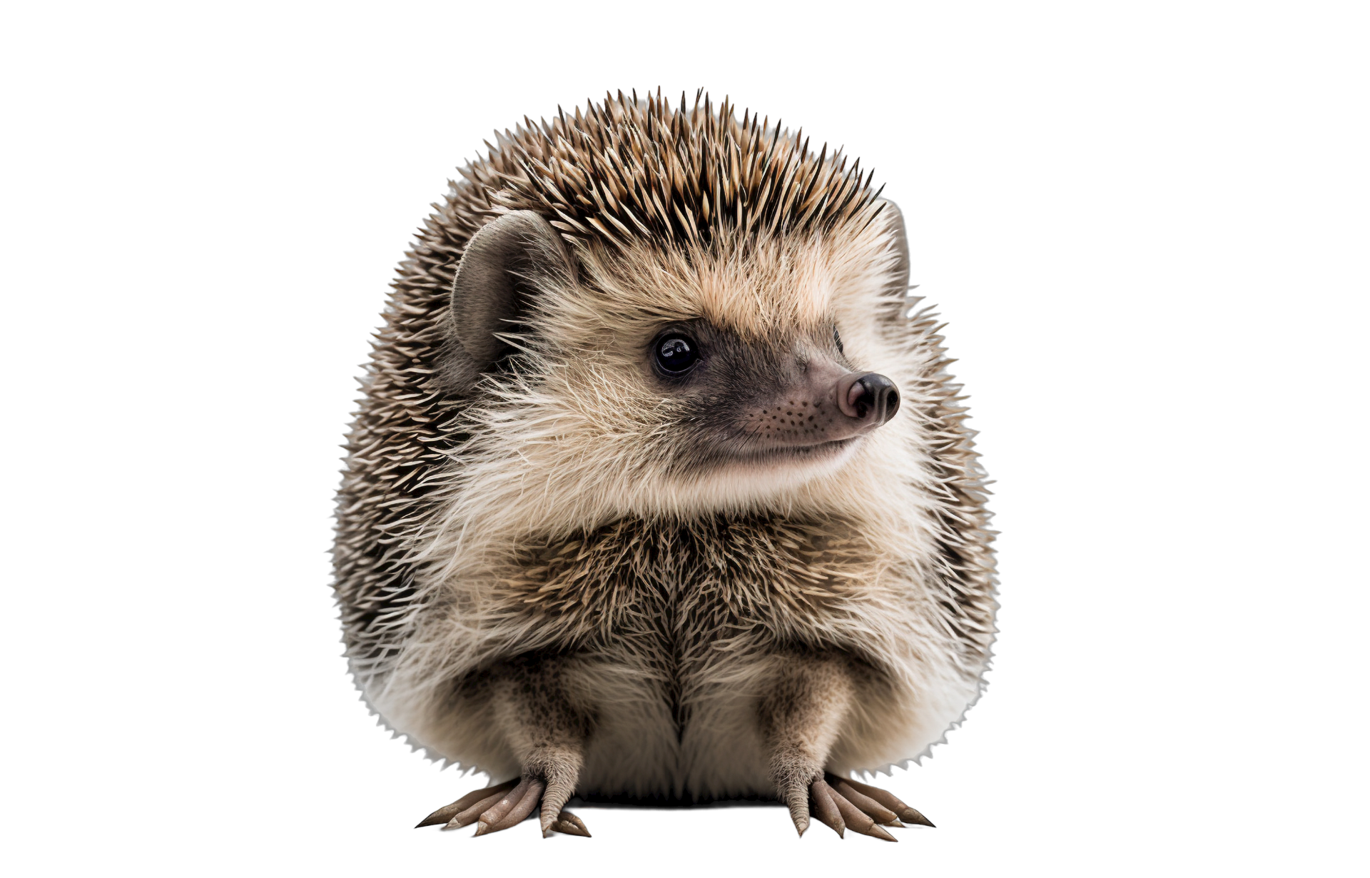 a hedgehog is sitting on a white background and looking at the camera .
