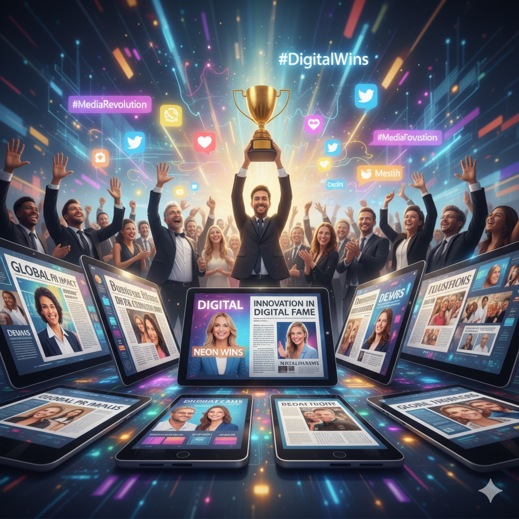 People celebrate digital success, holding a trophy. Tablets and phones display digital news. The tagline is #DigitalWins.
