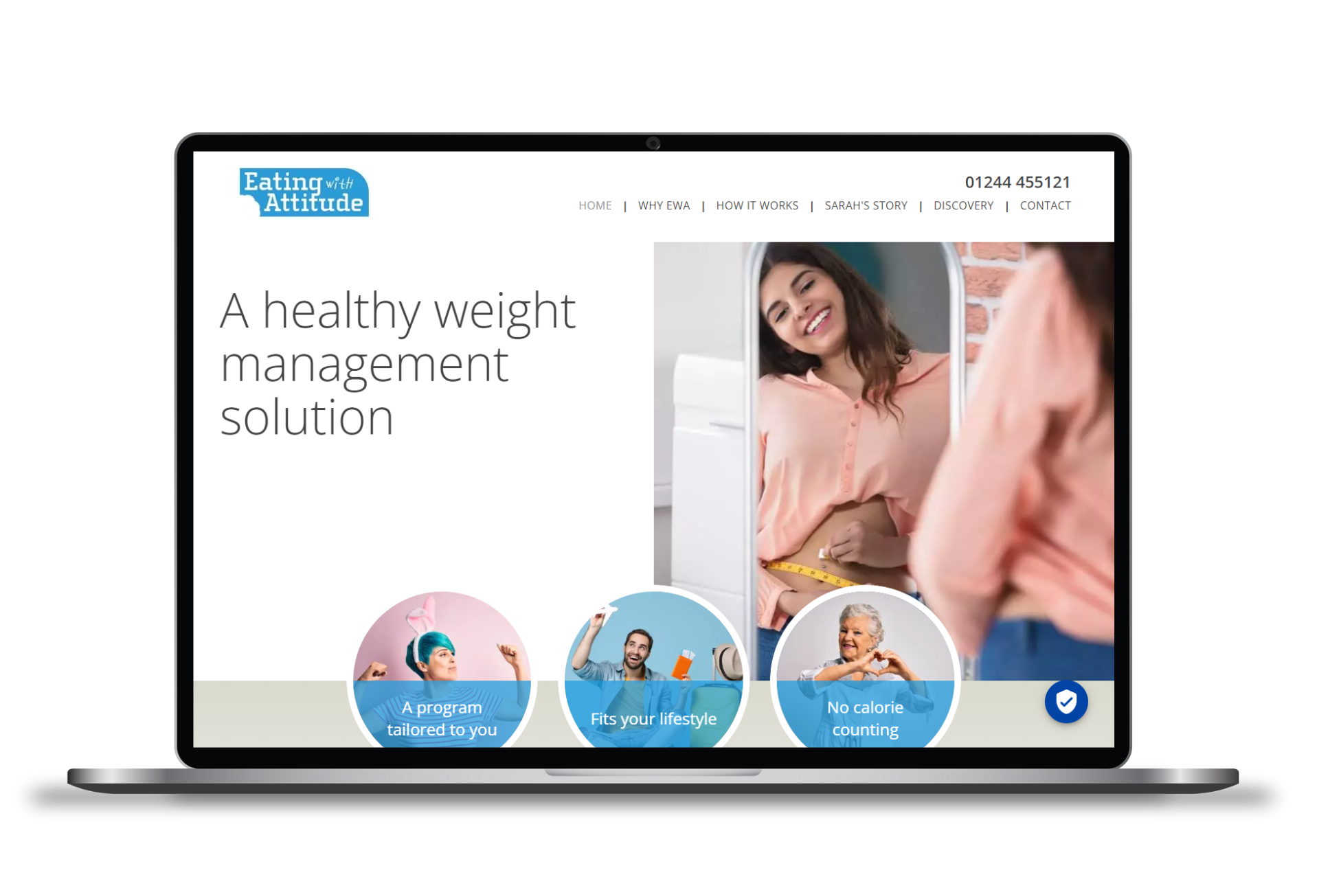 a laptop computer is displaying a healthy weight management solution website .