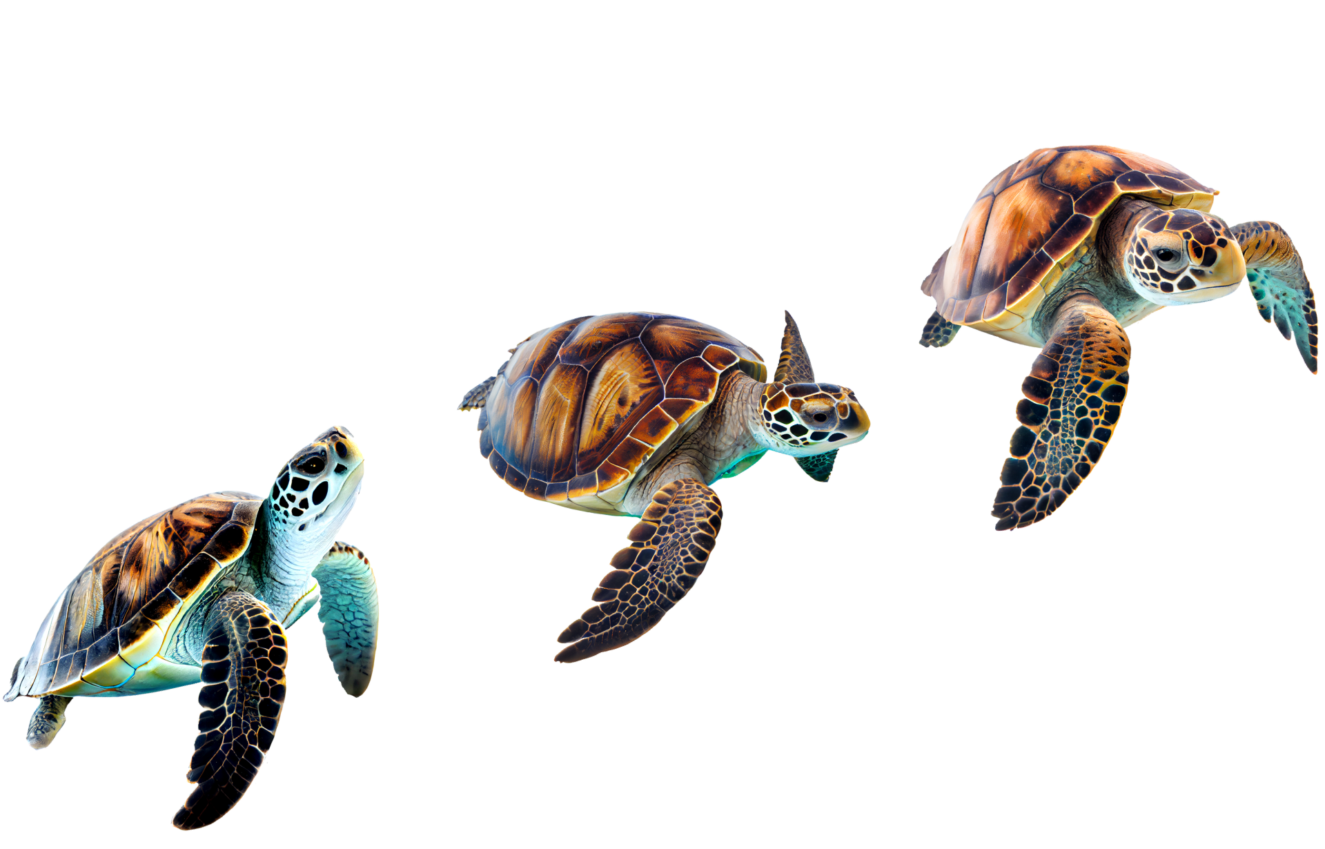 three sea turtles are swimming in a row on a white background .