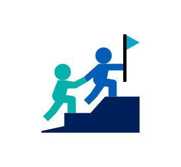 A man is helping another man climb a set of stairs while holding a flag.