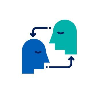 A blue and green icon of two people talking to each other.