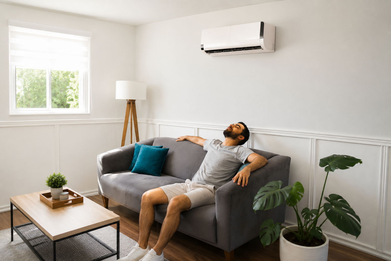 Wall-mounted ductless mini-split air conditioner cooling a living room while a homeowner relaxes on 