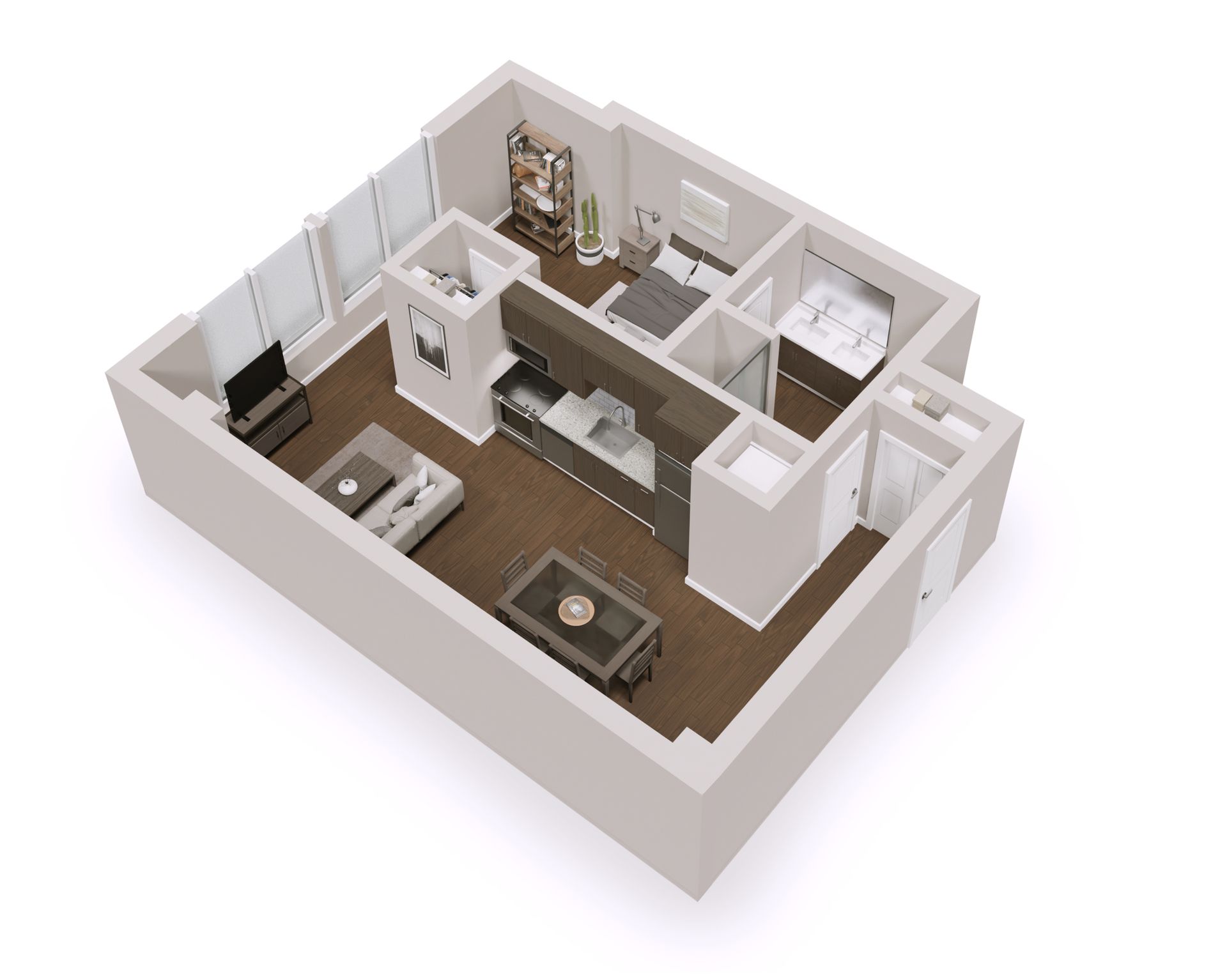 A 3D floor plan of a 1-bedroom apartment with a living room, kitchen, bedroom, and bathroom.